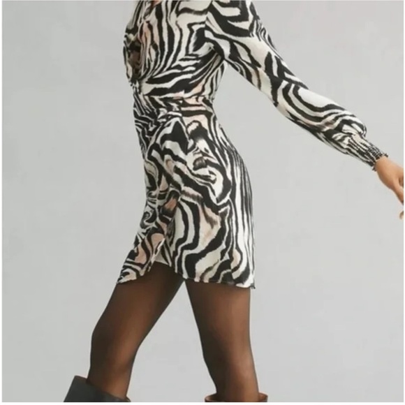 Anthropologie Black White Zebra Print Mini Dress Faux Wrap Balloon Sleeve - Picture 2 of 8